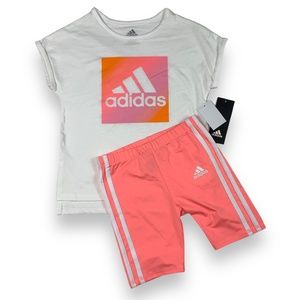 Girls Adidas Square Logo Graphic T-shirt And Pink Short Set Sz 5